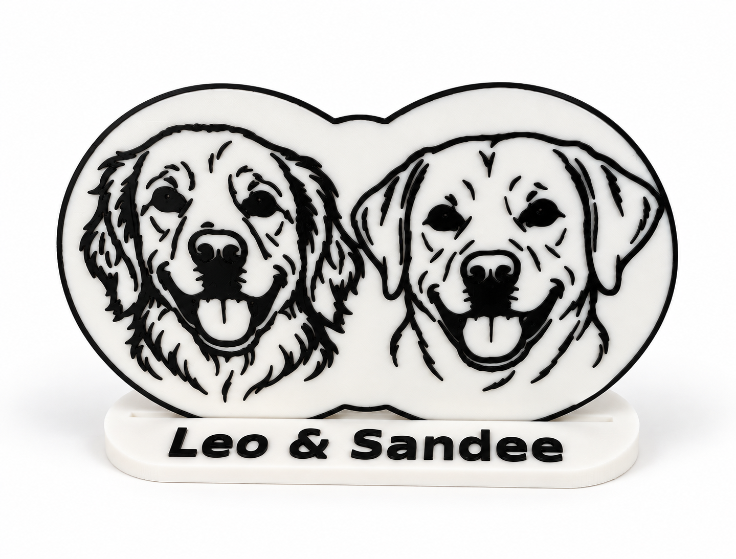 Custom black line-art portraits of two dogs labeled Leo and Sandee on a white freestanding name stand