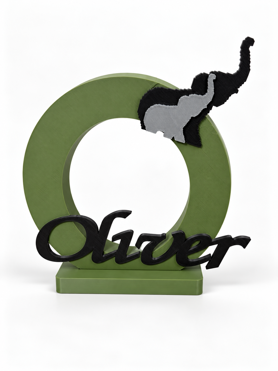 Olive green circular Oliver name display with a layered gray elephant accent