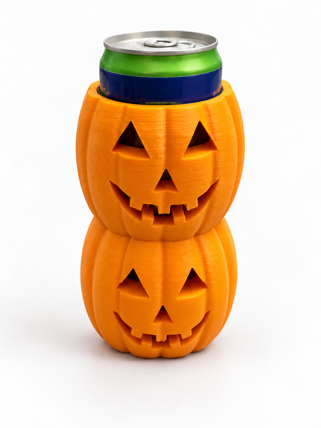 Orange stacked jack-o-lantern can sleeve holding a slim can against a clean white background