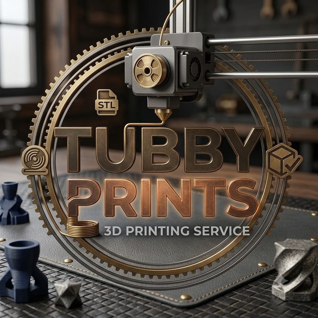 Tubby Prints bronze gear logo with a 3D printer in a workshop