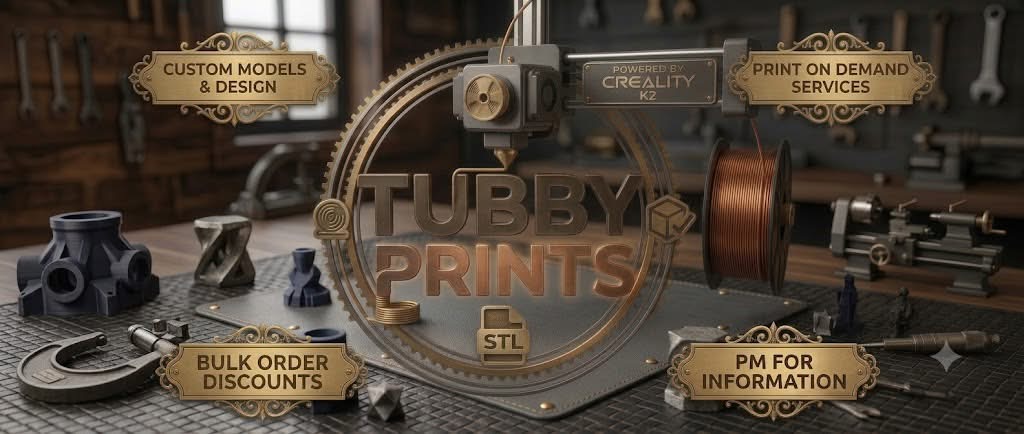Tubby Prints workshop banner advertising custom models and design, print on demand, and bulk order discounts